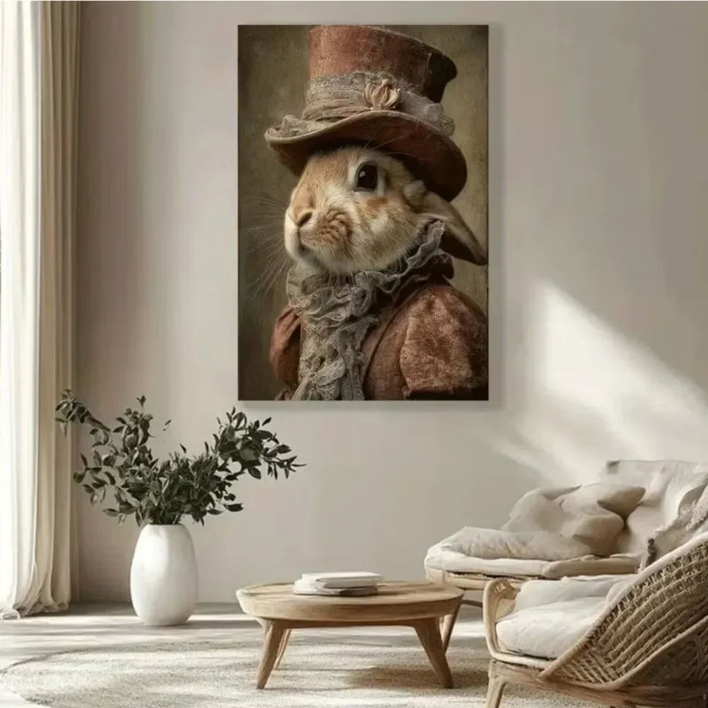 Canvas Art Victorian Rabbit Dressed in Top Hat & Vintage Costume 24x36 Frameless